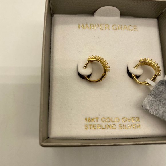 NIB in box Harper Grace 18K Yellow Gold over 925 Sterling Small Hoops with CZ - Picture 3 of 4